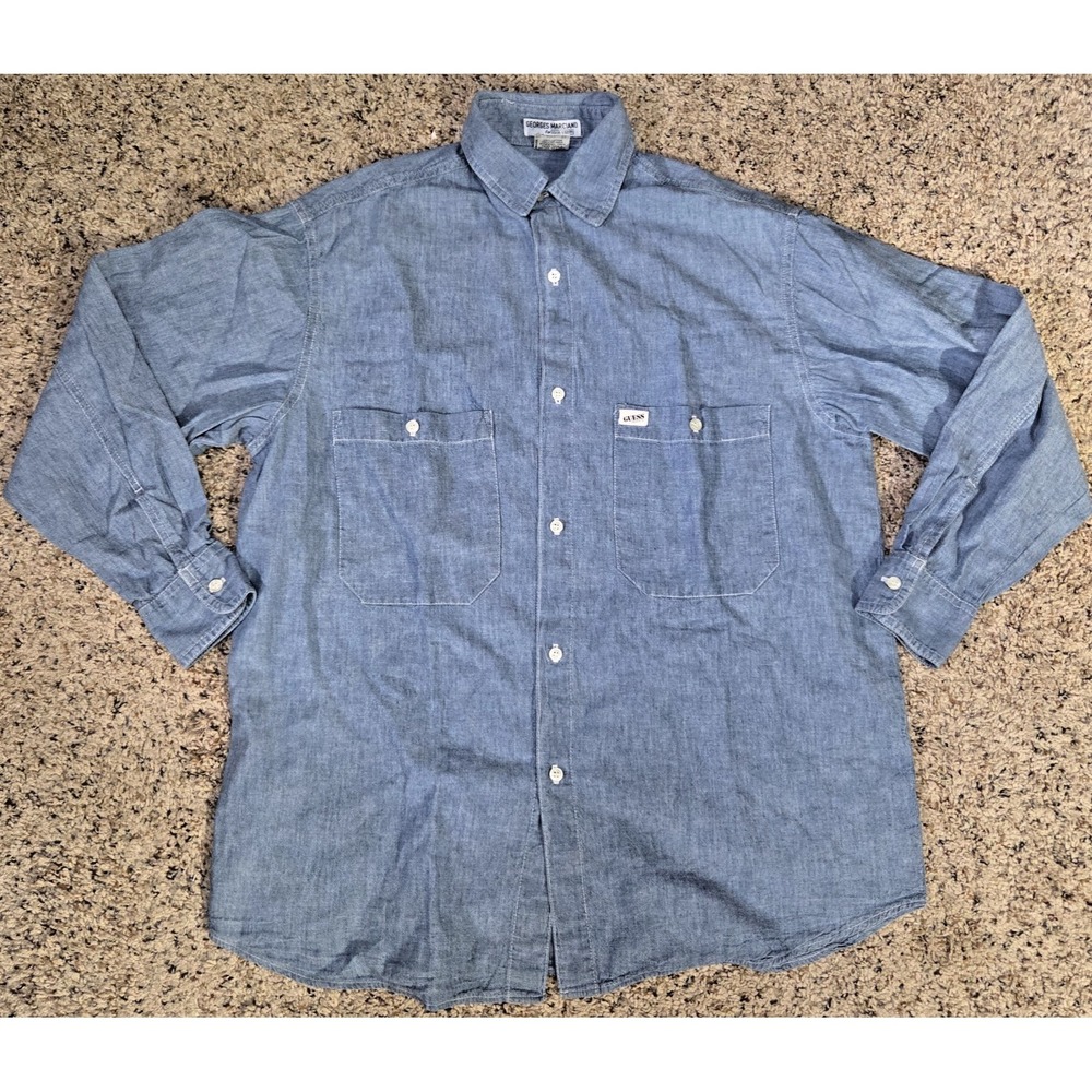 Vtg Georges Marciano GUESS Jeans Denim Button Up Shirt Mens Sz 1 USA 100% Cotton
